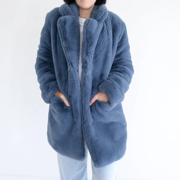 APPARIS  Stella Blue-Grey Faux Fur Lapel Teddy Winter Coat Cozy Thick Jacket S - Picture 2 of 15